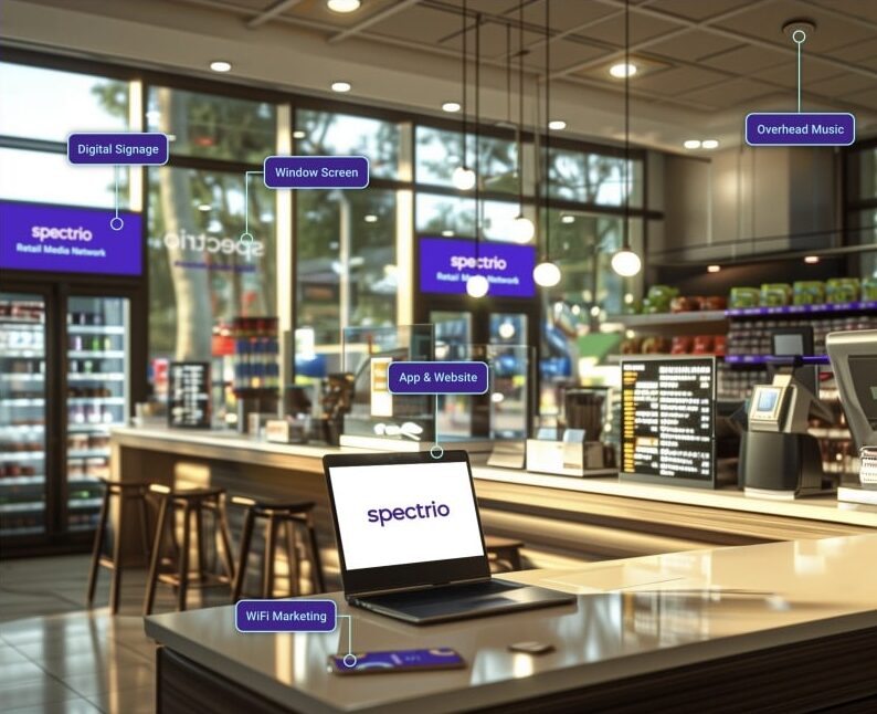 Spectrio - Examples of Spectrio product usage around a storefront, including digital signage and overhead music