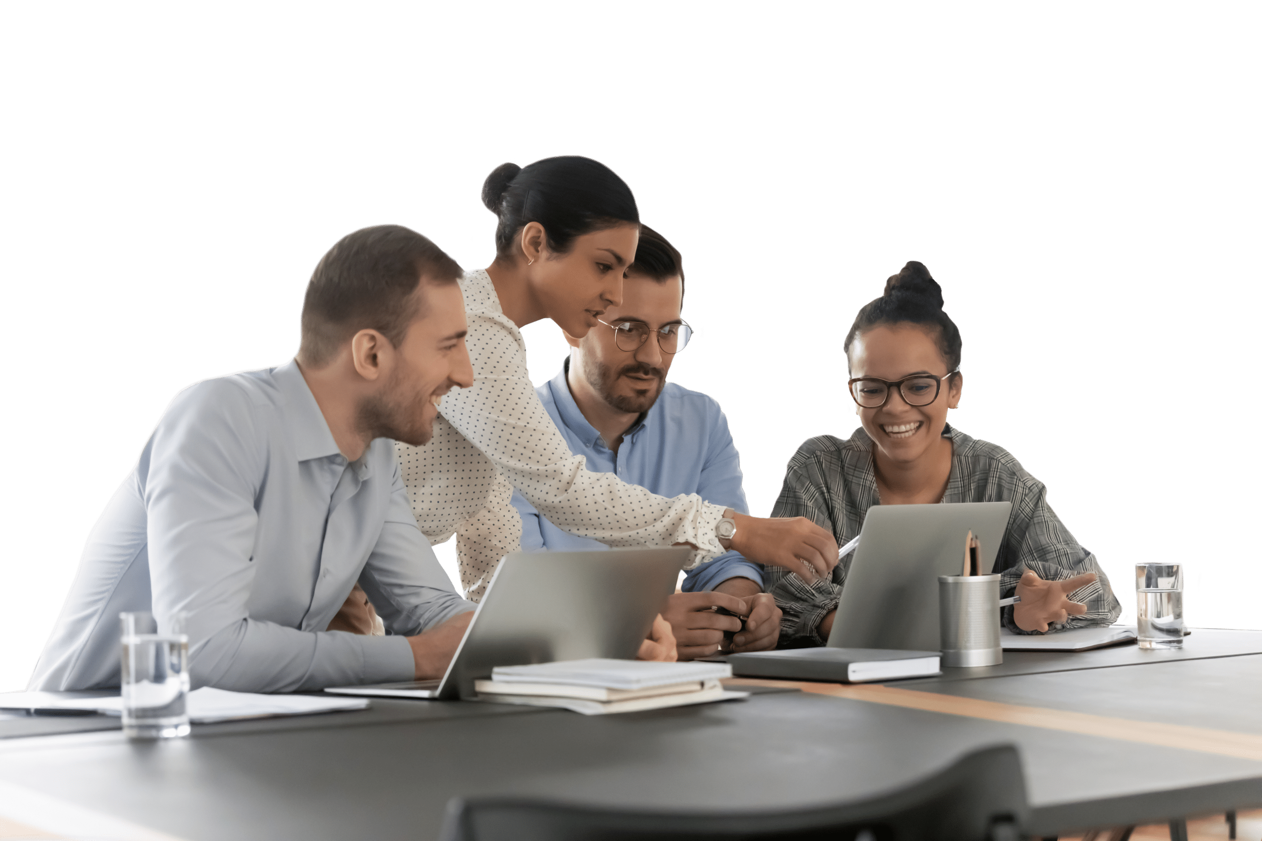 Small group of business people looking at laptop screens